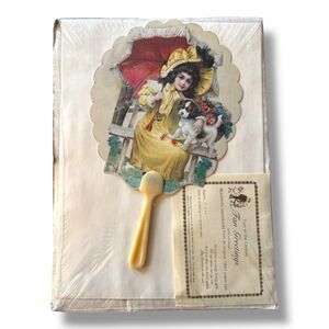 Regency 1901 Victorian Girl Holding Red Umbrella Dog Paper Fan Greeting Card